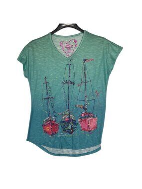 Leoma Lovegrove Boats Coastal Artsy Cap Sleeve Top SM Gems Colorful Art to Wear